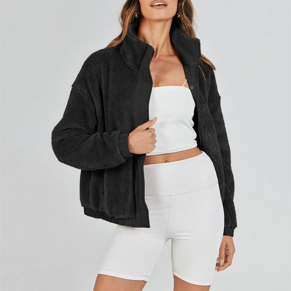 gbyLJF Women's Sherpa Fleece Jackets Casual Long Sleeve Cropped High Neck Zipper Coat Winter Warm Outerwear Black XL