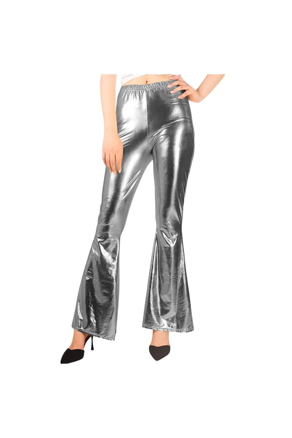 Women's Shiny Metallic Pants High Waist Leather Leggings Party Club Disco Wear Flared Dress Pants