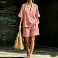 thumbnail image 1 of gbyLJF Women's Short Sleeve Shorts Set Striped Printed Summer 2 Piece Outfits Beach Vacation V Neck Tops Matching Wide Leg Shorts Set, 1 of 6