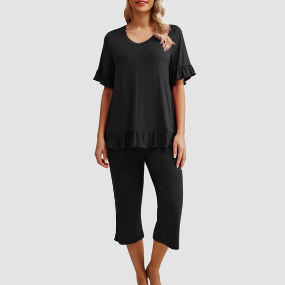 gbyLJF Women's Short Sleeve V-neck Set V-Neck Top and Capri Pants with Pockets Outfits Summer 2 Piece Sets for Women