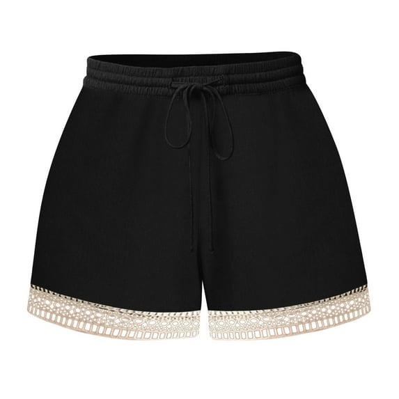 gbyLJF Women‘s Shorts 2024 Summer Cute Lace Trim Shorts Elastic Waist Shorts with Pockets Drawstring Casual Shorts Black 5XL