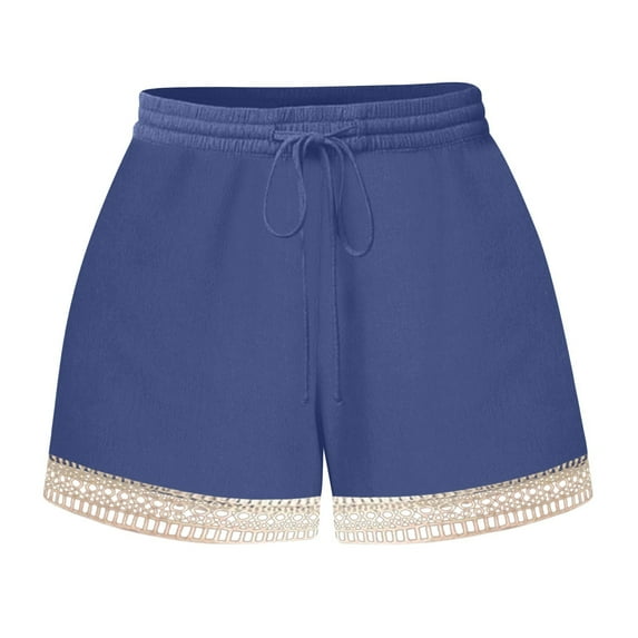 gbyLJF Women‘s Shorts 2024 Summer Cute Lace Trim Shorts Elastic Waist Shorts with Pockets Drawstring Casual Shorts Blue S