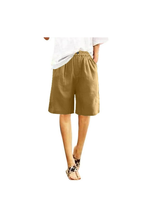 Women's Shorts Cotton Linen Elastic Waist Straight Leg Shorts Summer Loose Casual Beach Shorts Yellow XXL