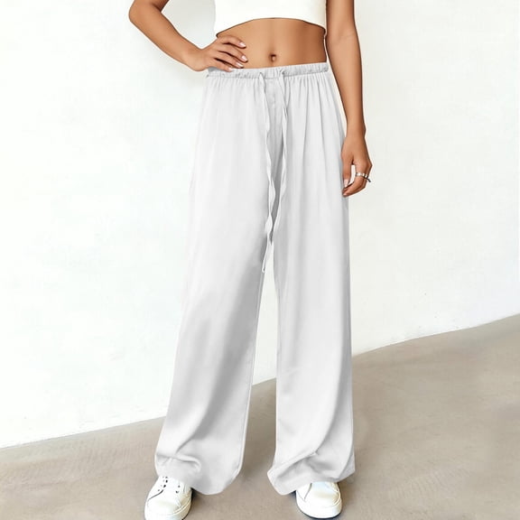 gbyLJF Women's Silk Satin Pants Elastic Waist Drawstring Pants Solid Color Loose Fit Casual Trousers Straight Leg Pants