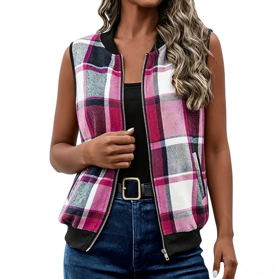 gbyLJF Women's Sleeveless Plaid Vest Lightweight Zip Up Flannel Jacket Casual Fall Layering Outerwear with Pockets