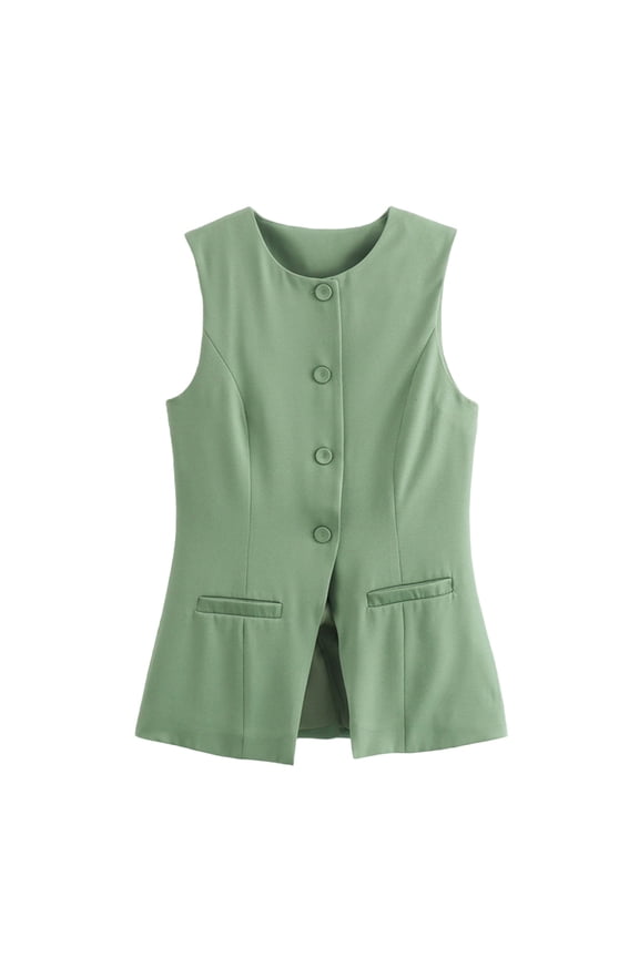 Women's Sleeveless Suit Jackets Button Down Solid Color Jacket Casual Business Round Neck Blouse Coats with Pockets