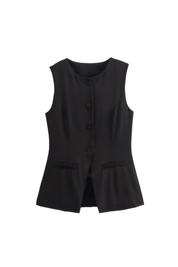 Women's Sleeveless Suit Jackets Button Down Solid Color Jacket Casual Business Round Neck Blouse Coats with Pockets