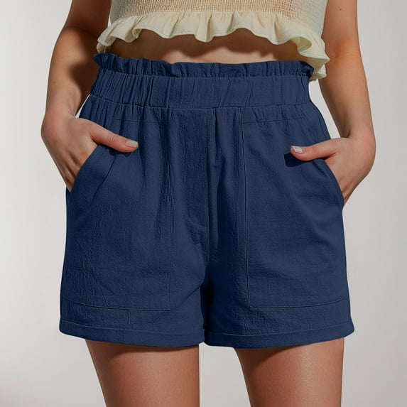 gbyLJF Women's Solid Color Cotton Shorts Elastic Casual Waist Wide Leg Shorts Loose Fit Running Athletic Short with Pockets