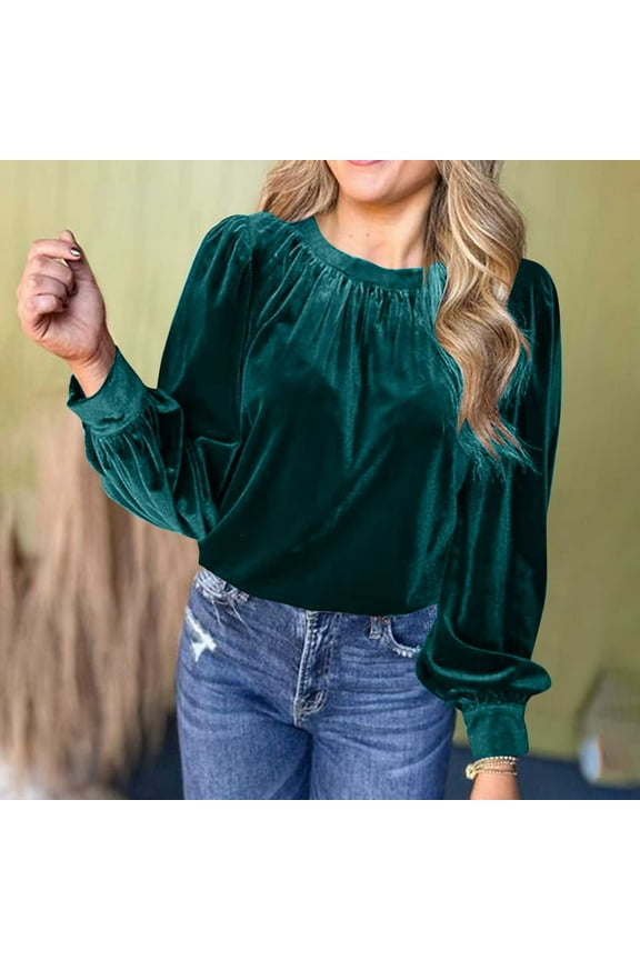Women's Solid Color Velvet Top Long Sleeve Round Neck Pullover Blouse Lightweight Casual Business Sweater
