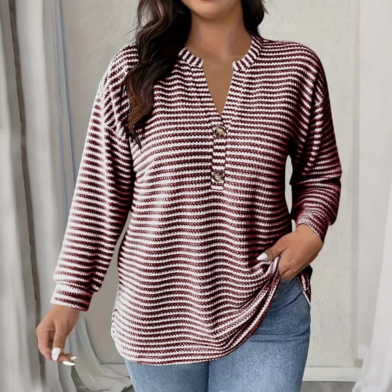 gbyLJF Women's Striped Long Sleeve Tops Plus Size Button V Neck Pullover Shirts Casual Fall Winter Clothes