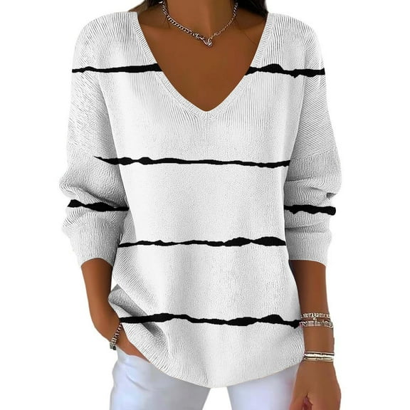 gbyLJF Women's Striped Printed Knitted Sweater Casual Loose Comfortable V-neck Long Sleeve Pullover Fall Winter Casual Base Layer Shirts Top