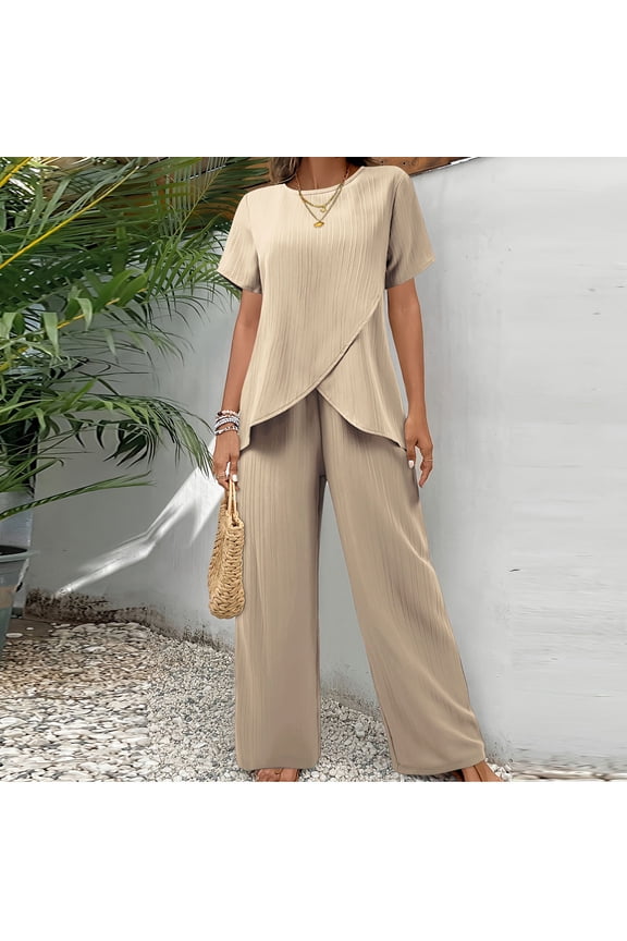 Women's Summer Outfits 2 Piece Matching Casual Sets Short Sleeve T-shirts with Irregular Hem and Wide Leg Pant Set