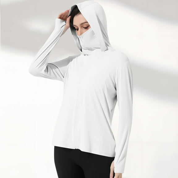 gbyLJF Women's Sun-protective Clothing Outdoor Solid Color Long Sleeve Hooded Jacket Thumb-button Zipper Top with Mask