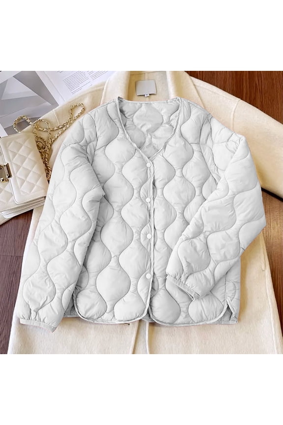 Women's Thin Cotton-padded Jacket Round Neck Button Down Tops Winter Casual Close Fit Long Sleeve Coat