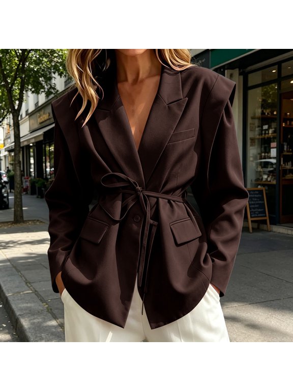 Women's Tie Front Belted Blazer Lapel Collar Long Sleeve Button Front Jacket Fall Winter Trendy Puffed Shoulders Coats Outerwear