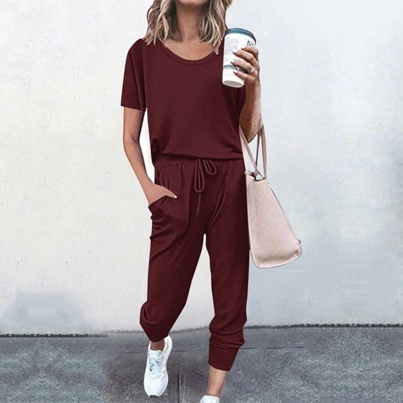gbyLJF Women's Two Piece Outfit Sets Casual Summer Short Sleeve Long Pant Matching Loungewear Spring Casual Tracksuit