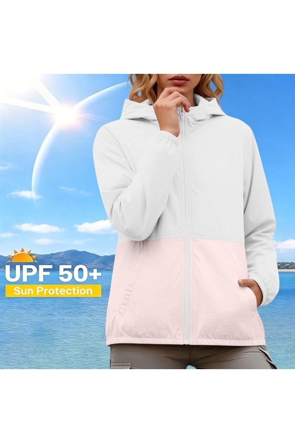 Women's UPF 50+ Hooded Jacket Lightweight Color Block Sun Protection Athletic Running Jackets