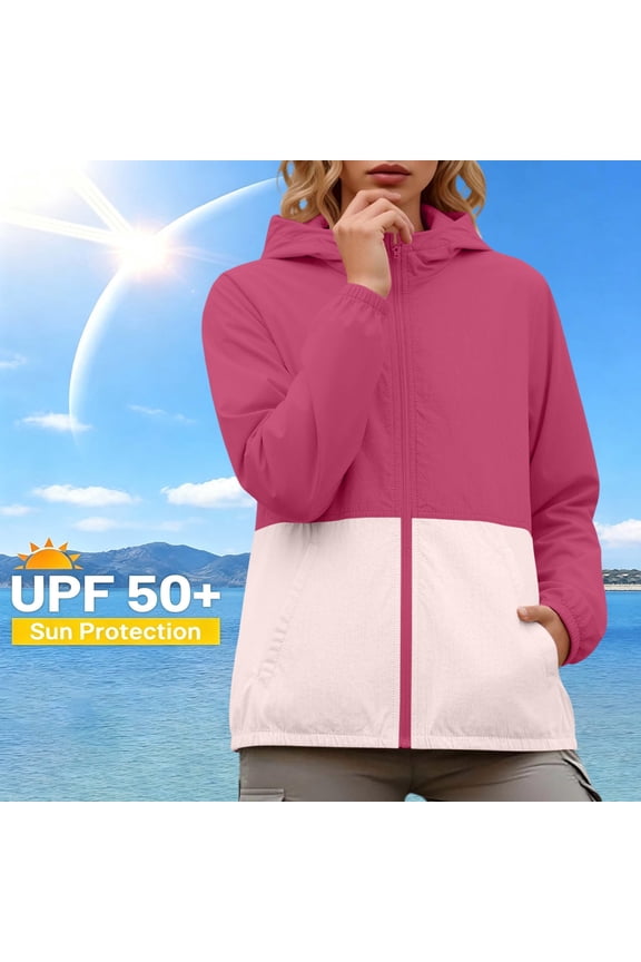 Women's UPF 50+ Hooded Jacket Lightweight Color Block Sun Protection Athletic Running Jackets