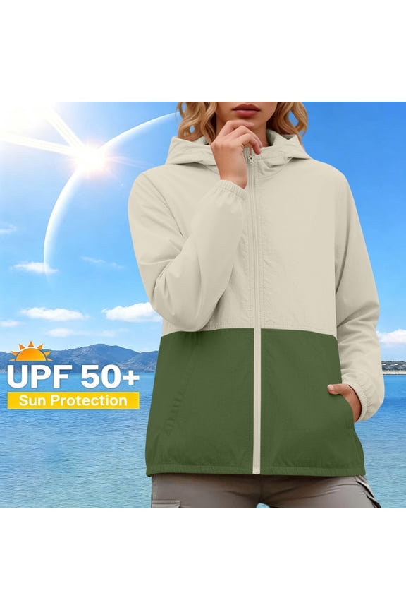 Women's UPF 50+ Hooded Jacket Lightweight Color Block Sun Protection Athletic Running Jackets