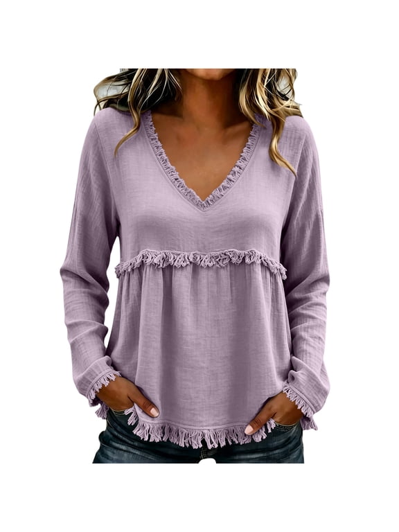 Women's V Neck Fringe Tops Lightweight Loose Long Sleeve Tunic Blouse Boho Travel Layering Shirts