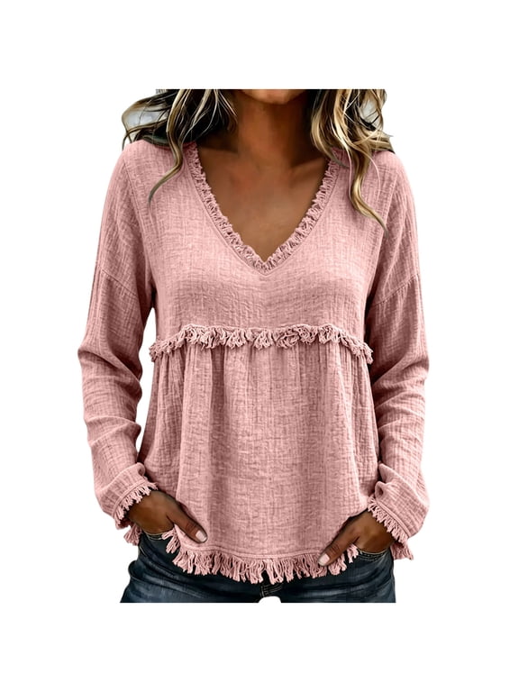 Women's V Neck Fringe Tops Lightweight Loose Long Sleeve Tunic Blouse Boho Travel Layering Shirts