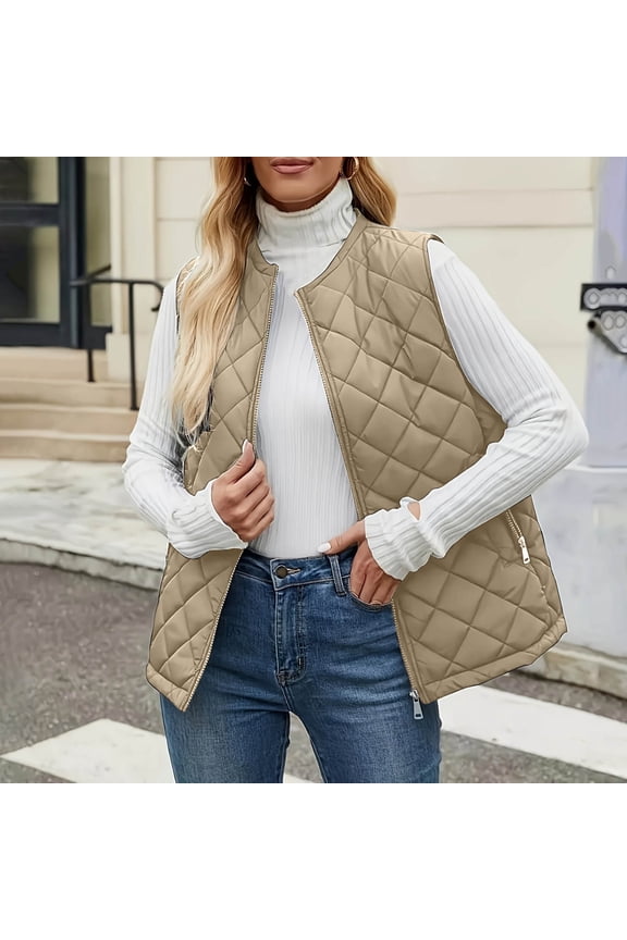 Women's Waistcoat Lightweight Solid Color Zip Up Quilted Sleeveless Jackets Winter Warm Outwear with Zipper Pockets