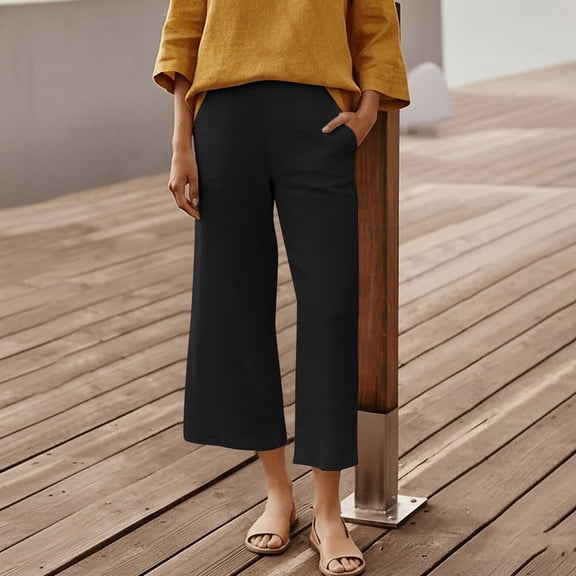 gbyLJF Women's Wide Leg Cropped Pant Solid Color Loose Fit Spring Trousers with Pockets Casual Straight Leg Summer Pants