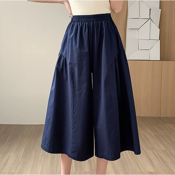 gbyLJF Women's Wide Leg Pants Solid Color Elastic Waist Pants Loose Fit Double-pocket Cropped Pants