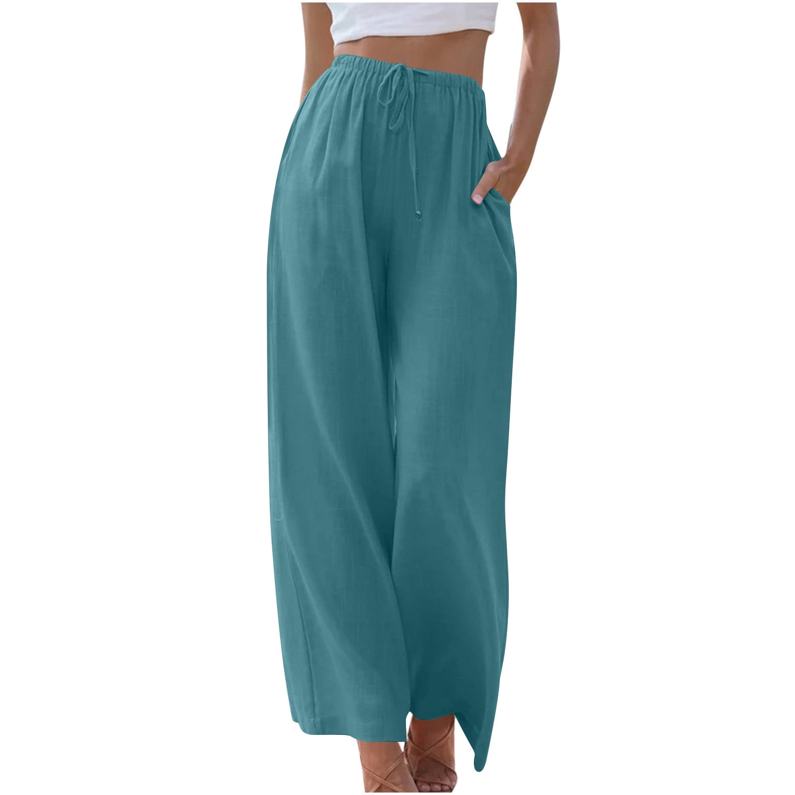 Women Summer Retro Pure Color Cotton Wide Leg Pants main image 0