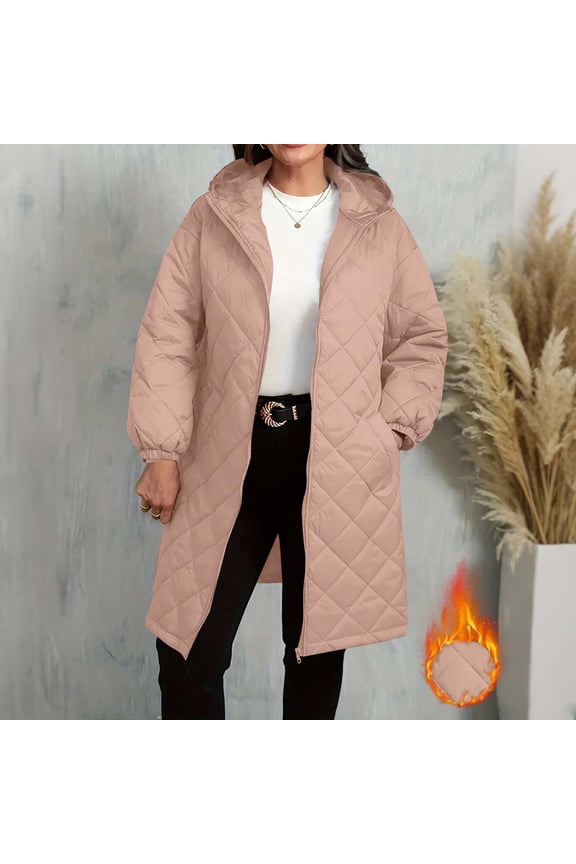 Women's Winter Down Jacket Solid Color Zip Up Long Puffer Coat Outdoor Thickened Warm Hooded Clothes with Pockets