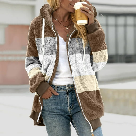 gbyLJF Women's Winter Hooded Jacket Color-blocked Drawstring Hoodie Fleece Coat Casual Loose Fit Zipper Cardigan