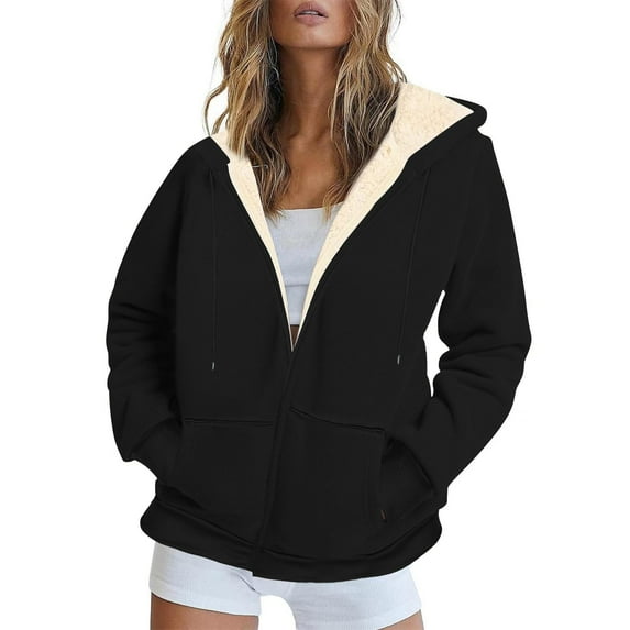 gbyLJF Women's Winter Hoodies Zip Up Fleece Sherpa Lined Warm Sweatshirts Thermal Jacket Thick Coats with Pockets Black XXL