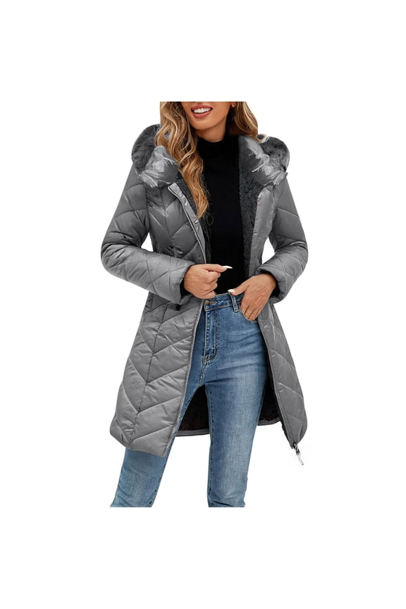 Women's Winter Puffer Coat Solid Color Fleece Lined Full Zip Hooded Down Jackets Long Warm Outwear Jackets with Pockets