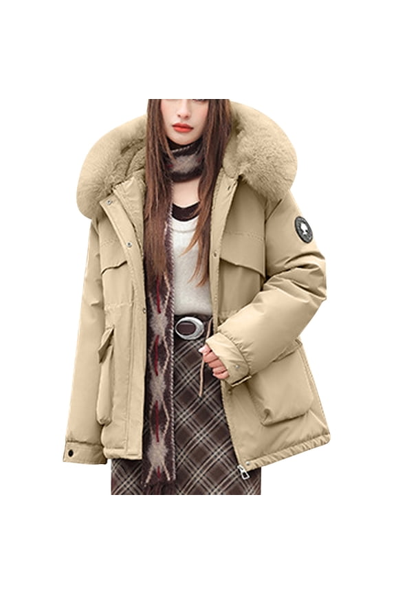 Women's Winter Puffer Coat Solid Color Fleece Lined Full Zip Hooded Down Jackets Warm Outwear Jackets with Pockets