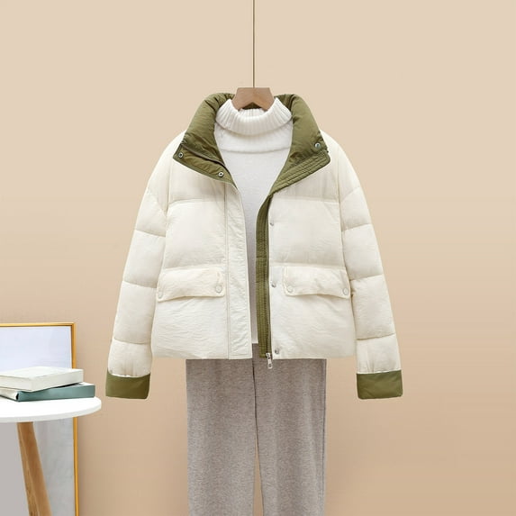 gbyLJF Women's Winter Short Coats Thickened Casual Zipper Cotton-padded Jacket Stand-up Collar Long Sleeve Outwear with Pockets