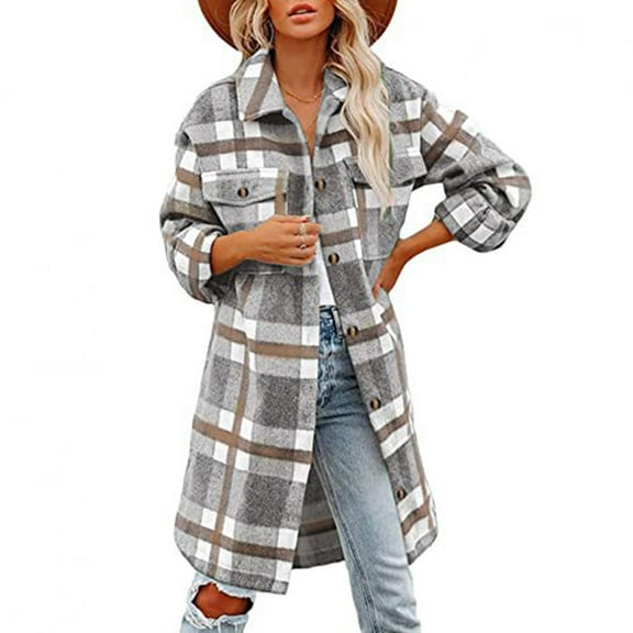 gbyLJF Women's Woolen Cardigan Plaid Printed Long Sleeve Lapel Blouse Single-breasted Casual Long Coat with Pockets