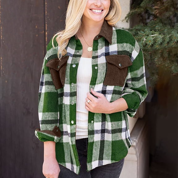 gbyLJF Women's Woolen Shirt Casual Plaid Button Down Lapel Jacket Long Sleeve Patchwork Coat with Double Pockets