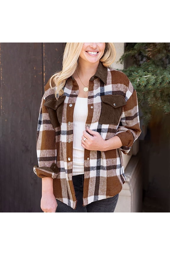 Women's Woolen Shirt Casual Plaid Button Down Lapel Jacket Long Sleeve Patchwork Coat with Double Pockets