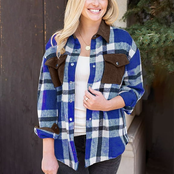 gbyLJF Women's Woolen Shirt Casual Plaid Button Down Lapel Jacket Long Sleeve Patchwork Coat with Double Pockets