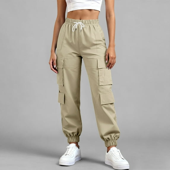 gbyLJF Women's Workwear Trousers Solid Color Casual Straight Leg Pants Elastic Waist Drawstring Sportswear with Multiple Pockets
