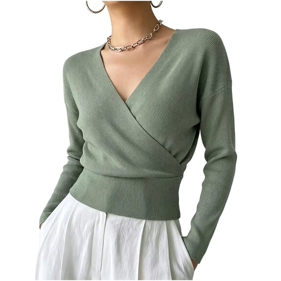 gbyLJF Women's Wrap Cross V Neck Tops Slim Fit Long Sleeve Sweater Lightweight Soft Knitted Blouse