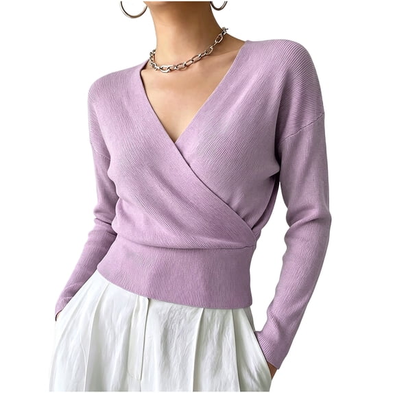 gbyLJF Women's Wrap Cross V Neck Tops Slim Fit Long Sleeve Sweater Lightweight Soft Knitted Blouse