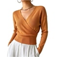 thumbnail image 1 of gbyLJF Women's Wrap Cross V Neck Tops Slim Fit Long Sleeve Sweater Lightweight Soft Knitted Blouse, 1 of 8