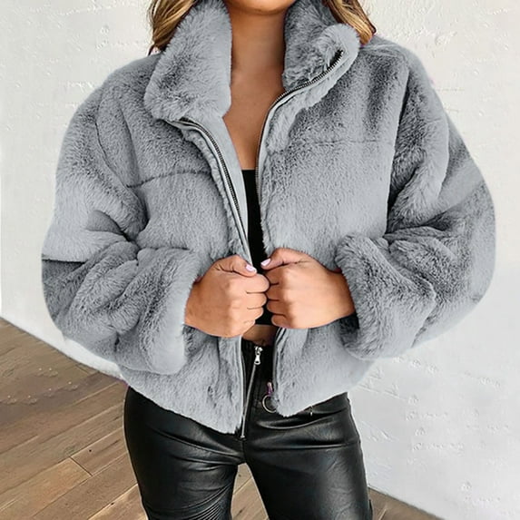 gbyLJF Women's Zip Up Faux Fur Cropped Coat Casual Long Sleeve Sherpa Jacket Fluffy Outerwear with Pockets Gray XL
