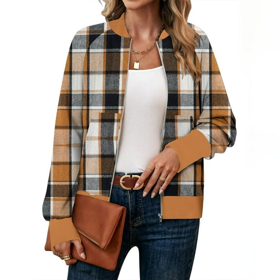 gbyLJF Women's Zip Up Jacket Checkered Printed Long Sleeve Sweatshirts Cardigan Fall Winter Lightweight Outdoor Coat with Pockets