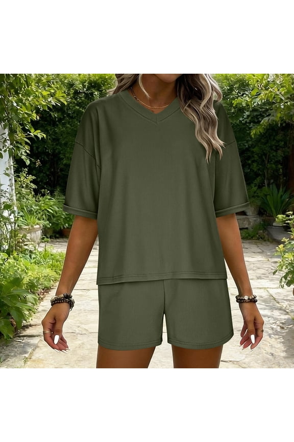 Womens 2 Piece Outfits Shorts Set Summer Casual Short Sleeve V Neck Tops Matching Sets Ribbed Knit Sets