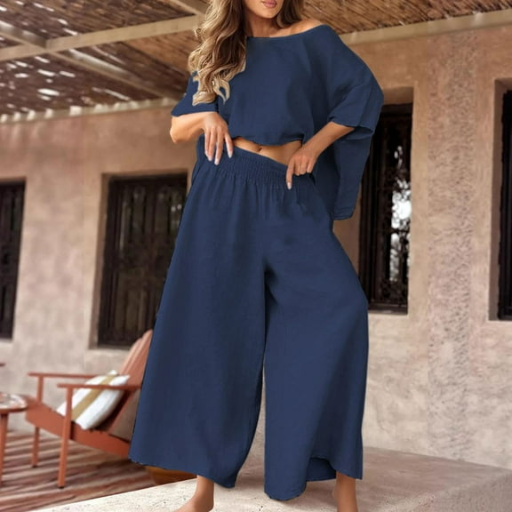 gbyLJF Womens 2 Piece Outfits Solid Color Crewneck Shirts Wide Leg Pants Casual Set Summer Casual Loose Sweatsuits
