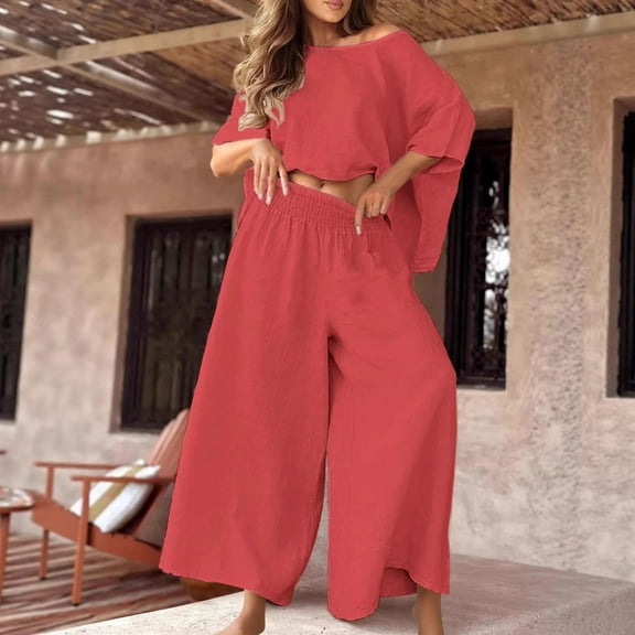 gbyLJF Womens 2 Piece Outfits Solid Color Crewneck Shirts Wide Leg Pants Casual Set Summer Casual Loose Sweatsuits