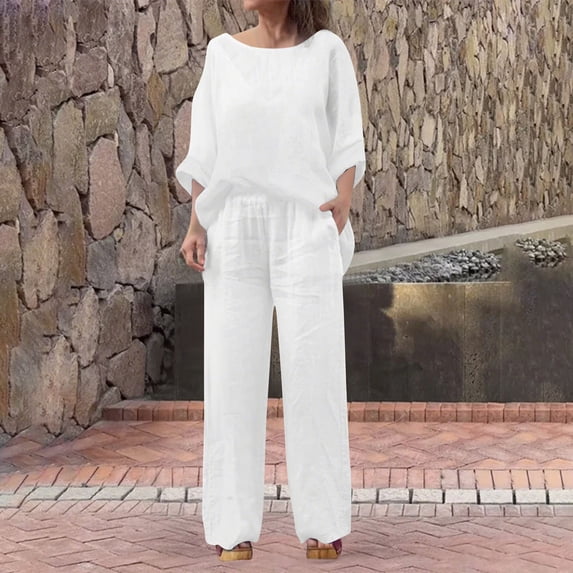gbyLJF Womens 2 Piece Outfits Solid Color Round Neck Long Sleeve Shirts Straight Leg pants Casual Set Casual Loose Sweatsuits