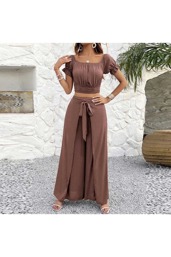 Womens 2 Piece Outfits Summer Casual Travel Suit Set Ruffle Short Sleeve Pleated Shirts and Wrap Wide Leg Pants